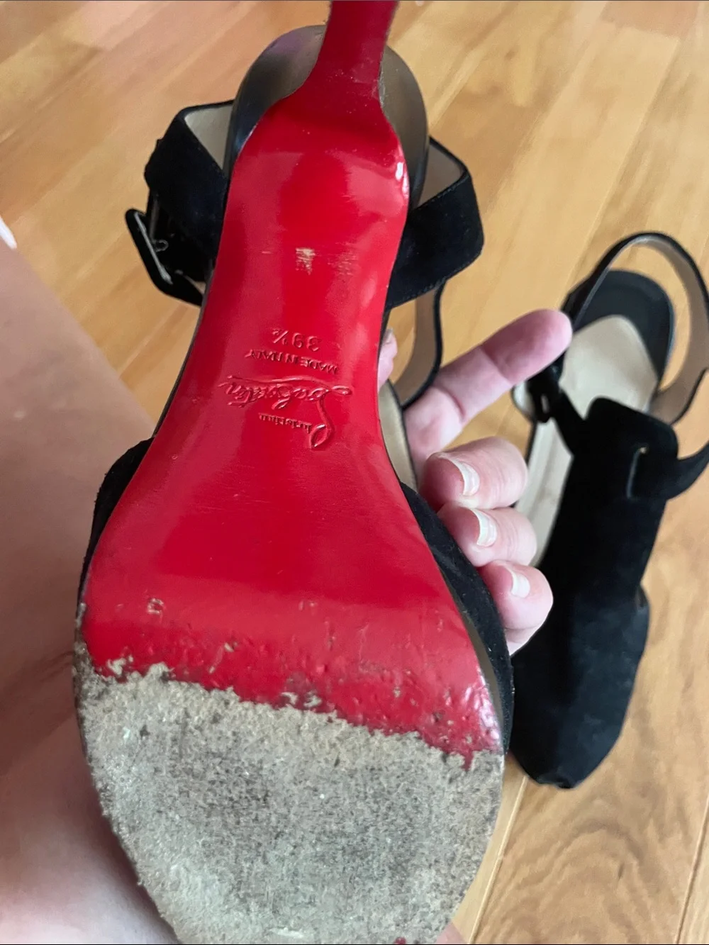 Christian Louboutin  Black Suede T-Strap High Heel Sandals